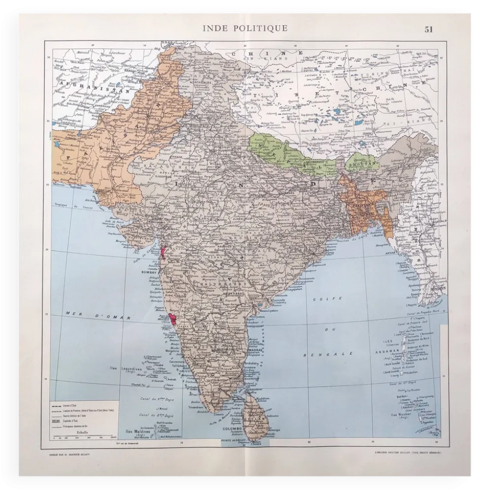 Carte de l’Inde vintage 43x43cm de 1950