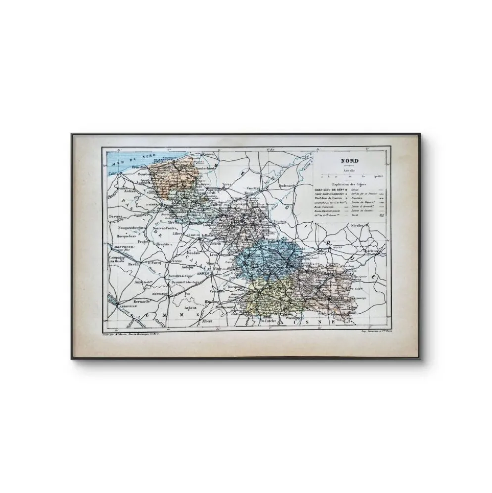Carte du Nord, France. Antiquité imprimée en 1889.