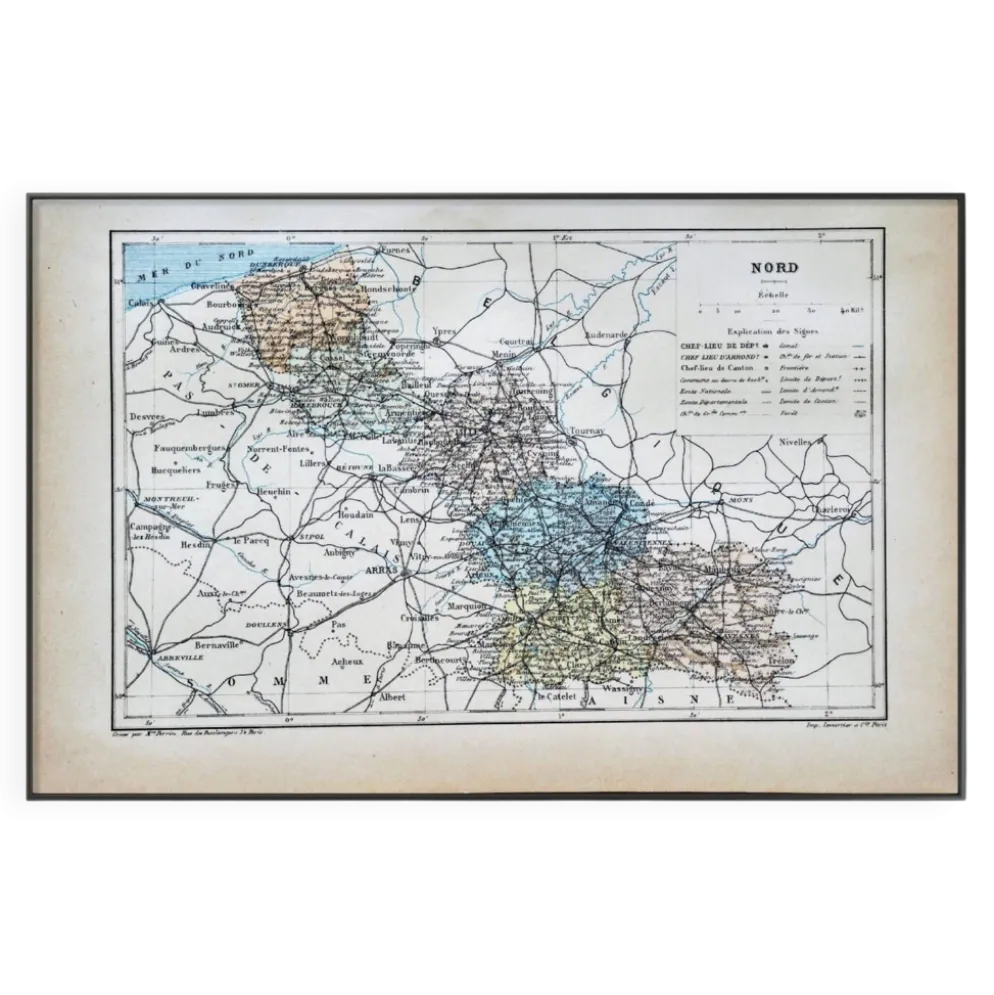 Carte du Nord, France. Antiquité imprimée en 1889.