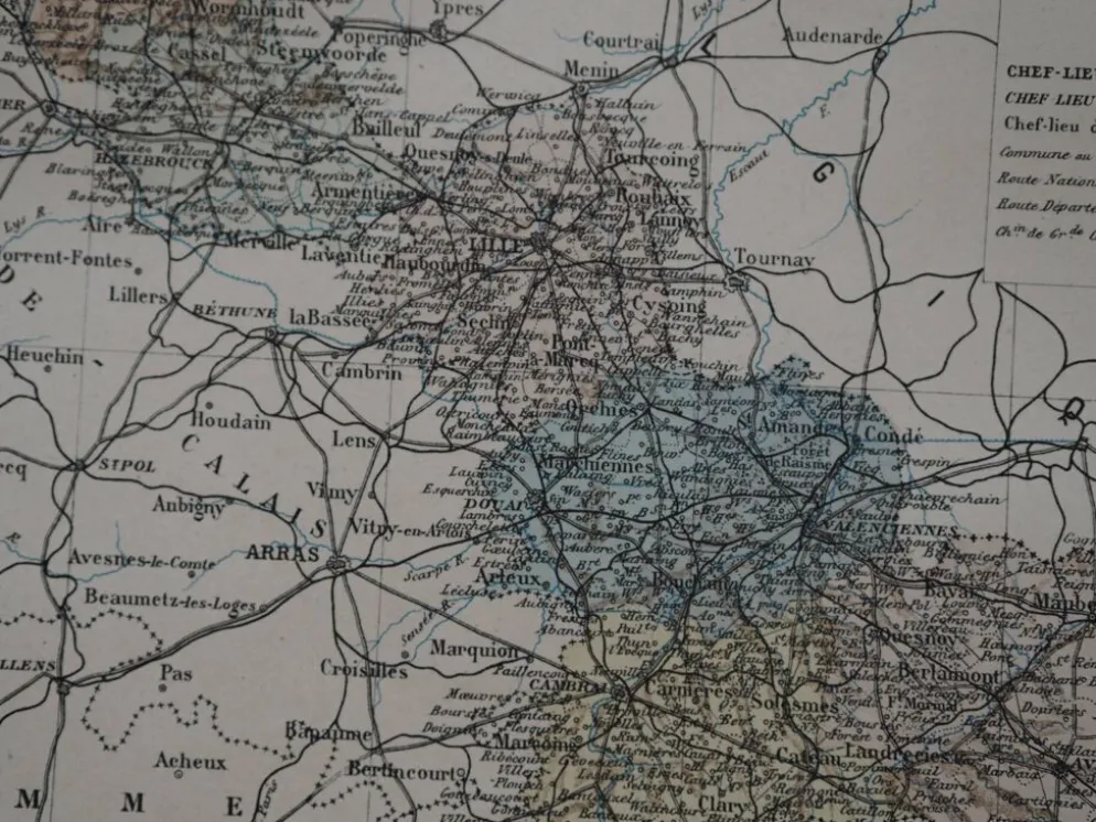 Carte du Nord, France. Antiquité imprimée en 1889.