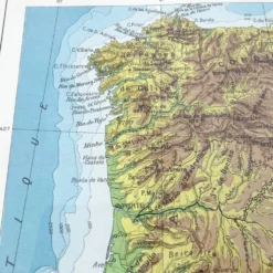 Carte Espagne et Portugal en couleurs vintage 43x43cm de 1950