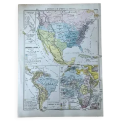 Carte 1908 L’Amérique et l’Afrique 37,5x27,5cm