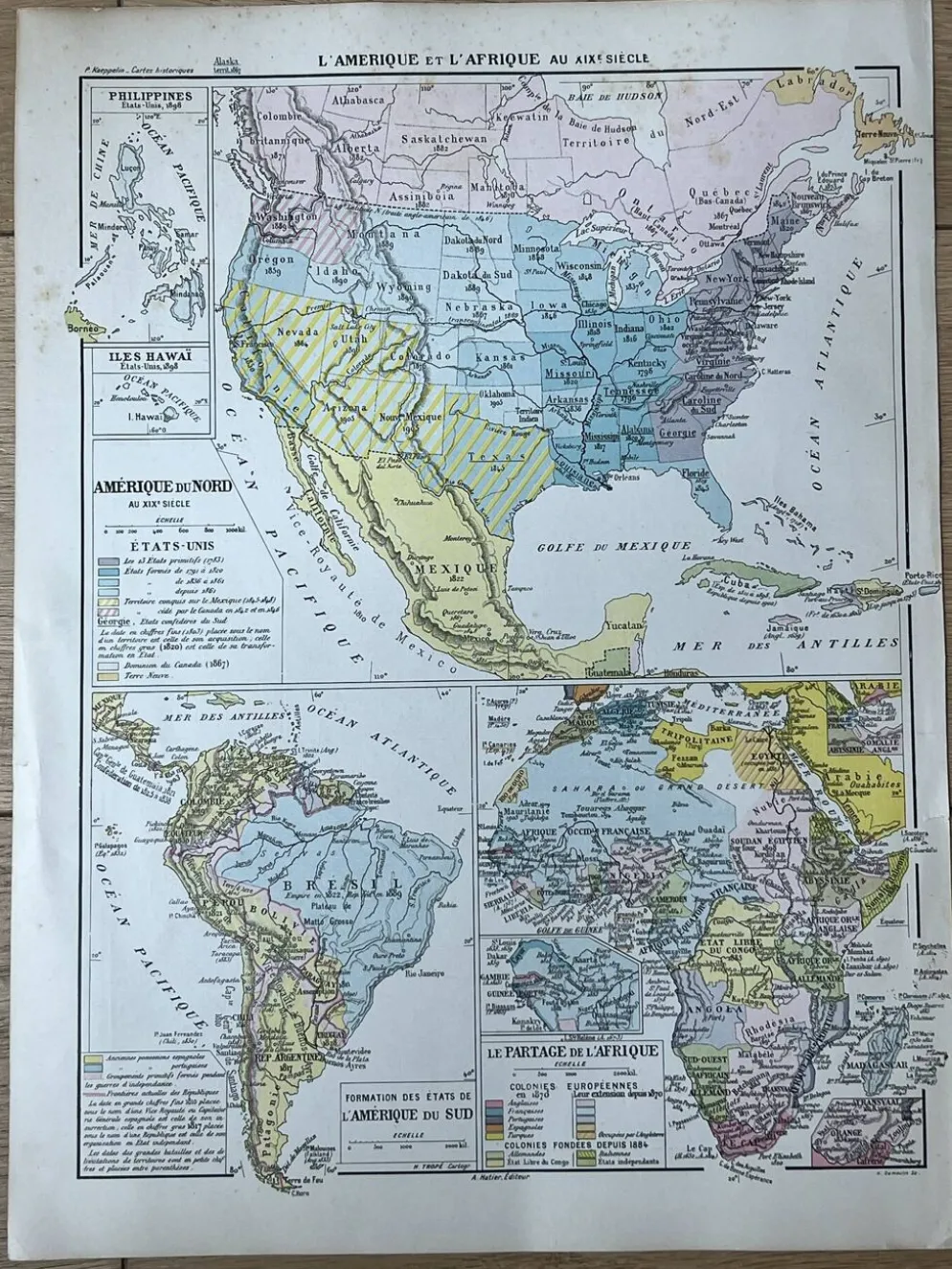 Carte 1908 L’Amérique et l’Afrique 37,5x27,5cm