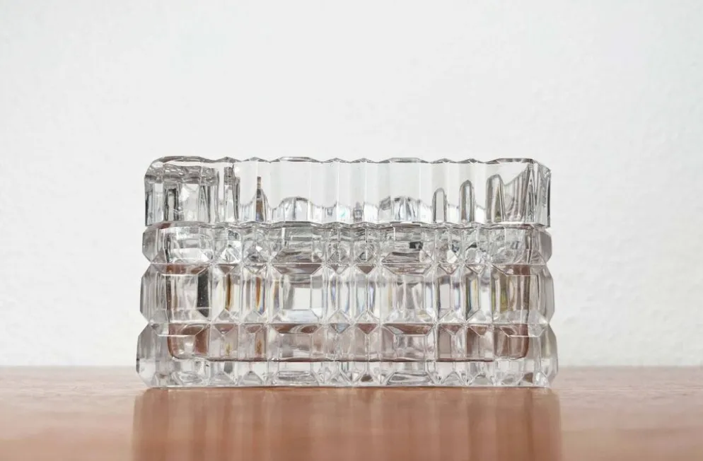 Cendrier en verre cristal empilable et boîte de style mid-century moderne de Julia, Pologne, années 1960, ensemble de 2.