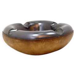 Cendrier Longchamp mid-century en céramique émaillée et cuir - France années 1950