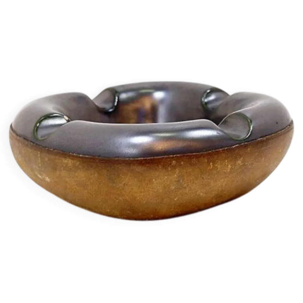 Cendrier Longchamp mid-century en céramique émaillée et cuir - France années 1950