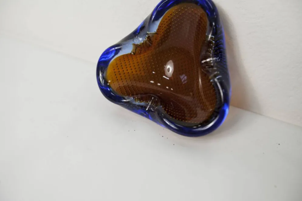 Cendrier Murano verre bullé orange bleu et transparent 1960
