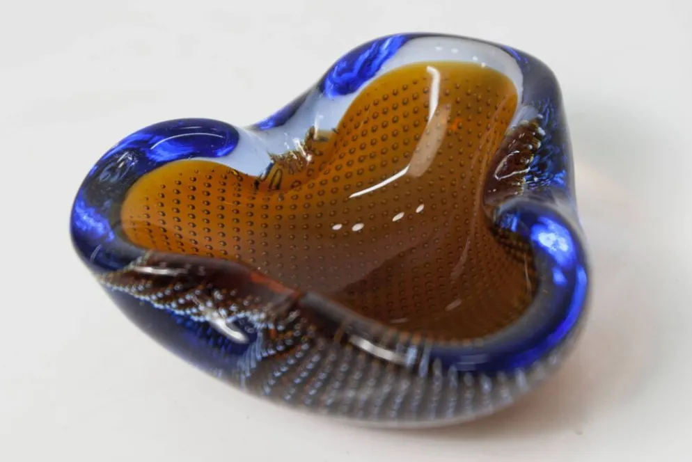 Cendrier Murano verre bullé orange bleu et transparent 1960