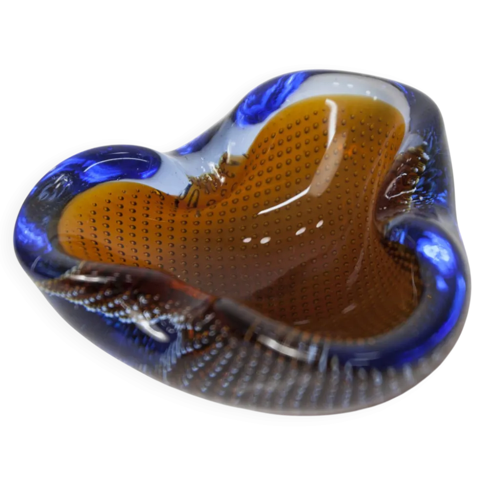 Cendrier Murano verre bullé orange bleu et transparent 1960