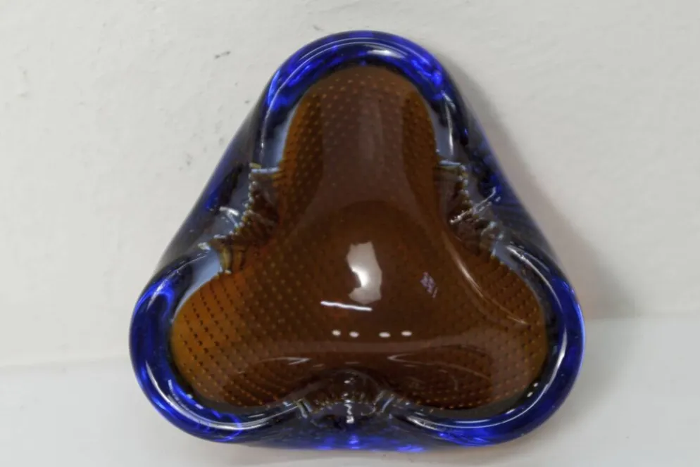 Cendrier Murano verre bullé orange bleu et transparent 1960