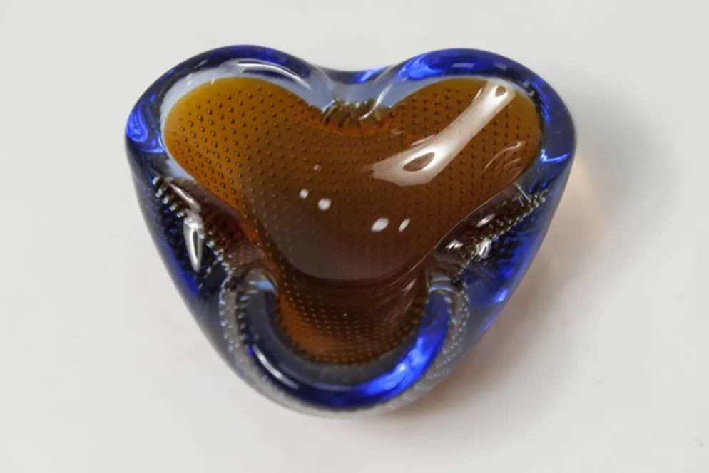 Cendrier Murano verre bullé orange bleu et transparent 1960