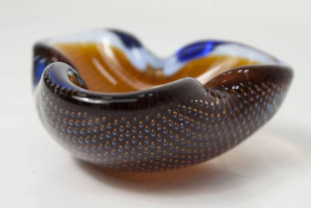 Cendrier Murano verre bullé orange bleu et transparent 1960
