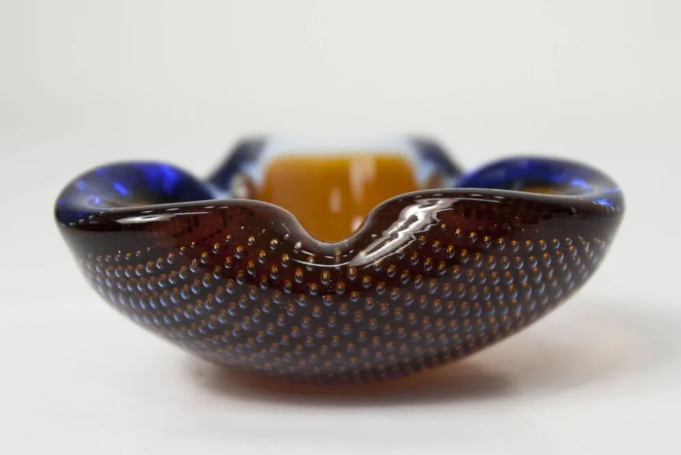 Cendrier Murano verre bullé orange bleu et transparent 1960