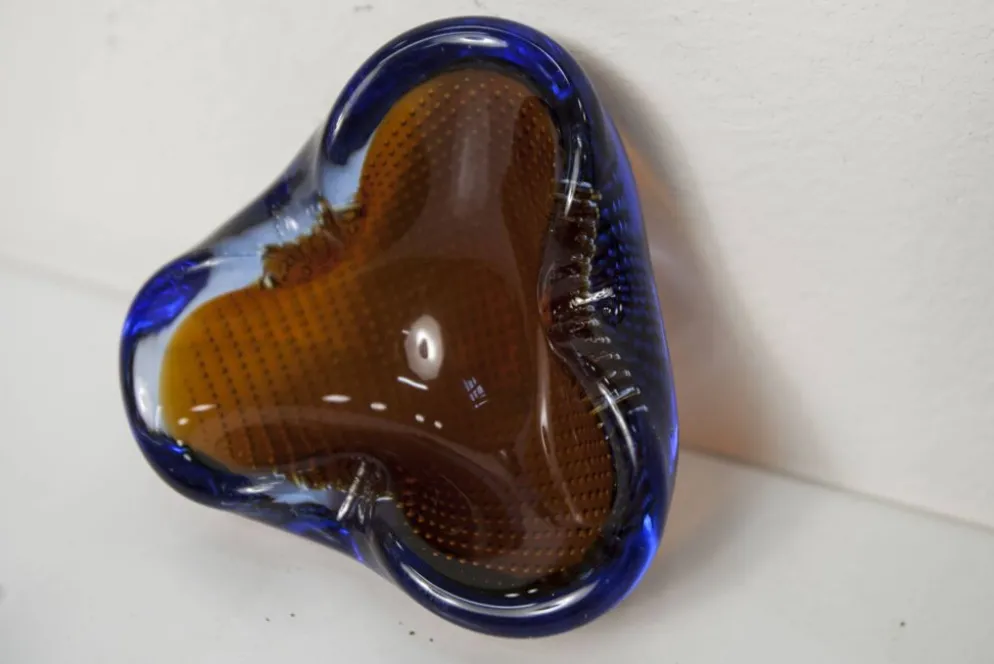 Cendrier Murano verre bullé orange bleu et transparent 1960