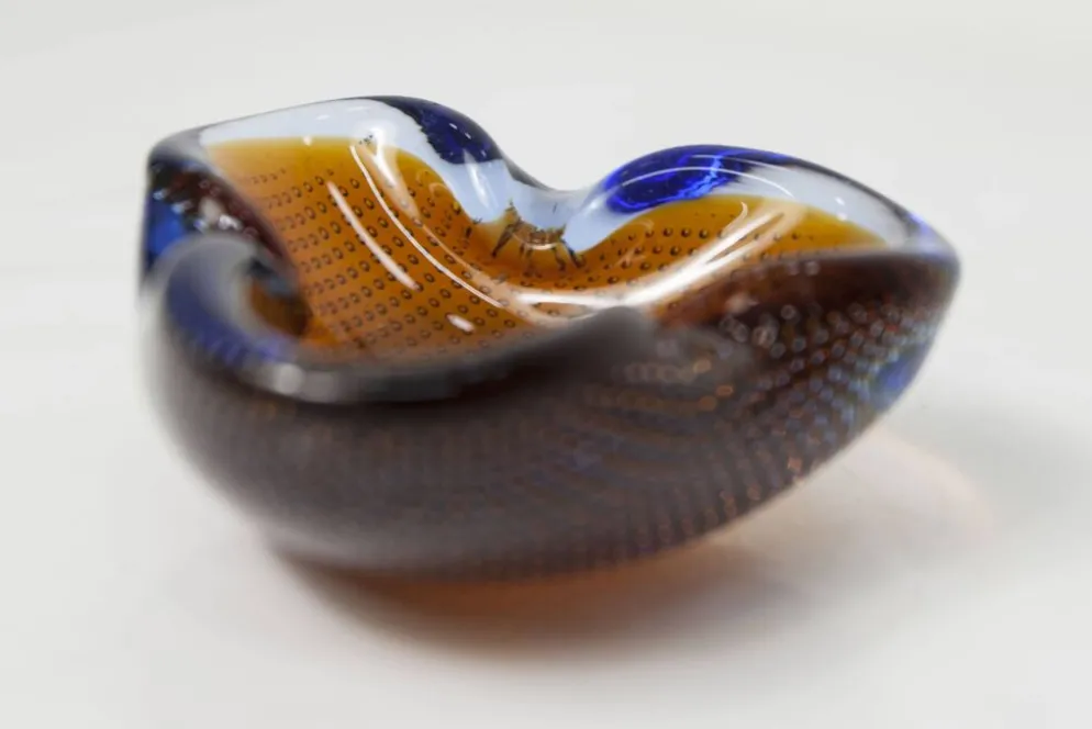 Cendrier Murano verre bullé orange bleu et transparent 1960