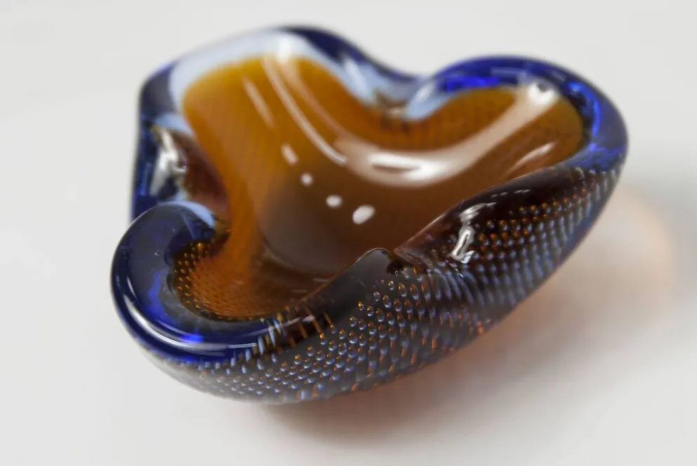 Cendrier Murano verre bullé orange bleu et transparent 1960