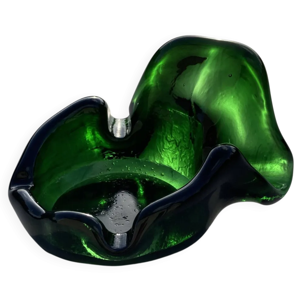 Cendrier sculptural en verre vert émeraude