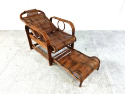 Chaise de jardin, chaise longue en rotin et bambou, années 1950