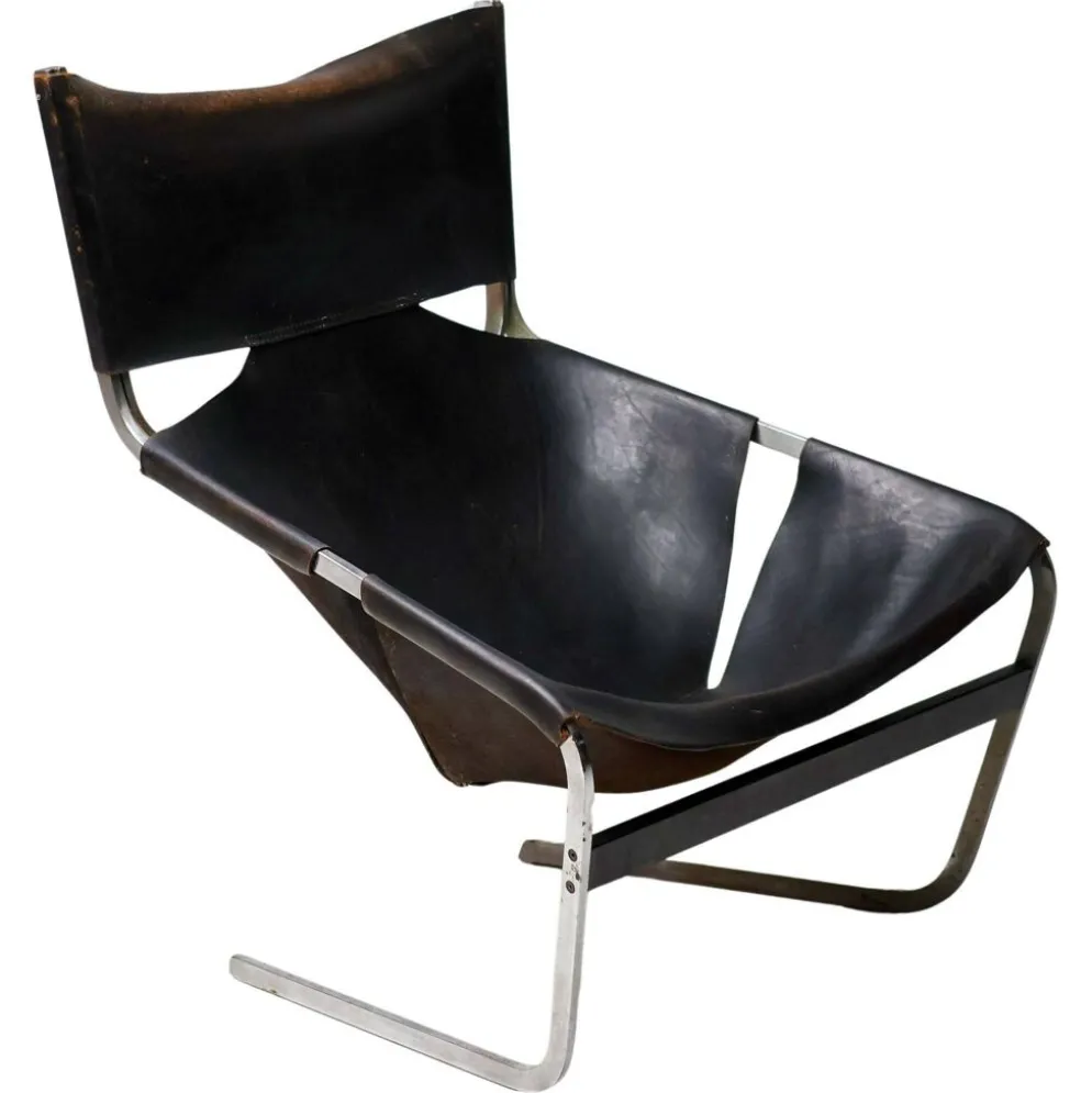 Chaise longue Pierre Paulin F444 en cuir noir - Tout original, Vintage