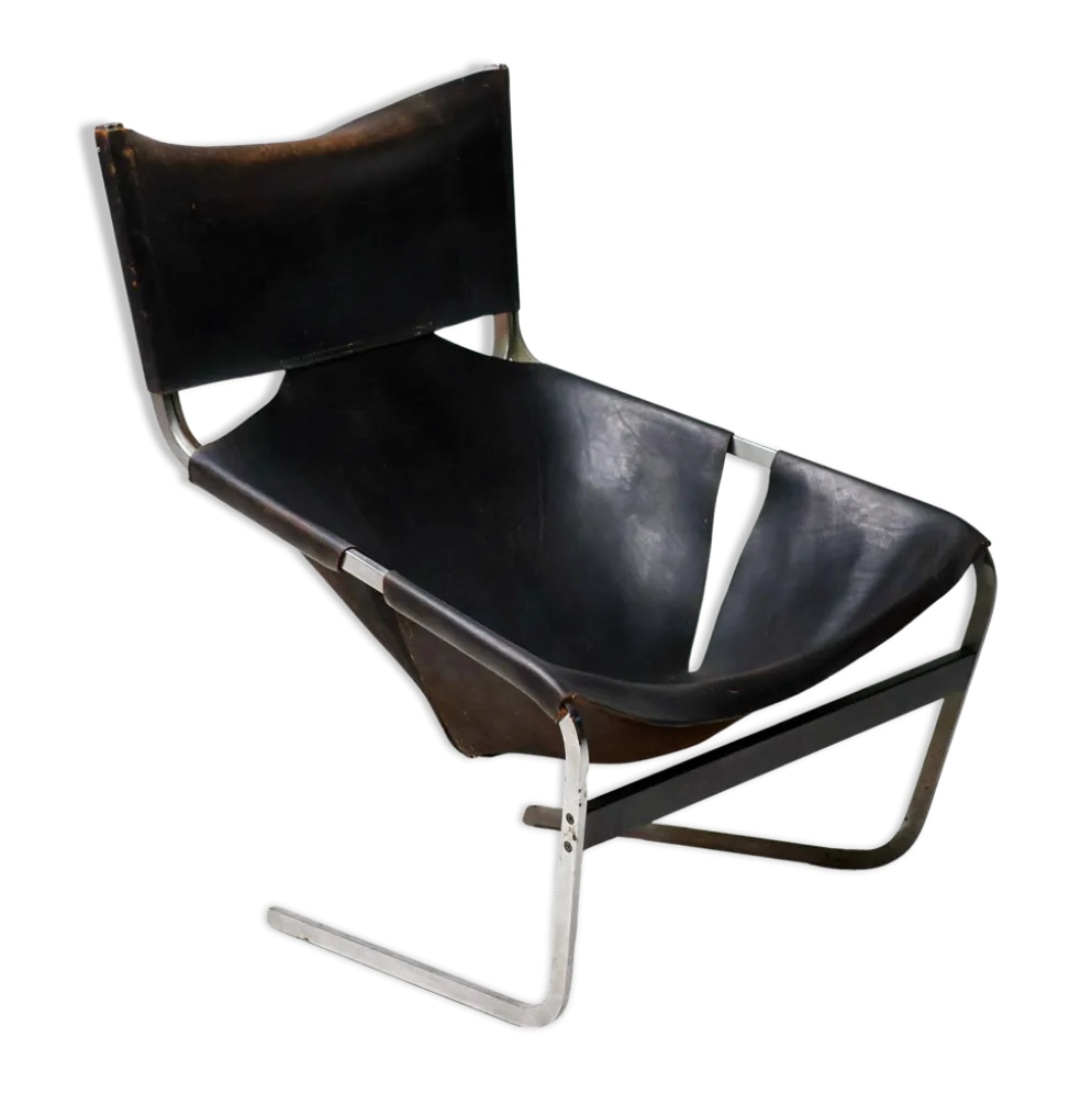 Chaise longue Pierre Paulin F444 en cuir noir - Tout original, Vintage