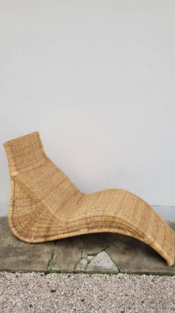 Chaise longue transat lit de repos en rotin vintage -1970s