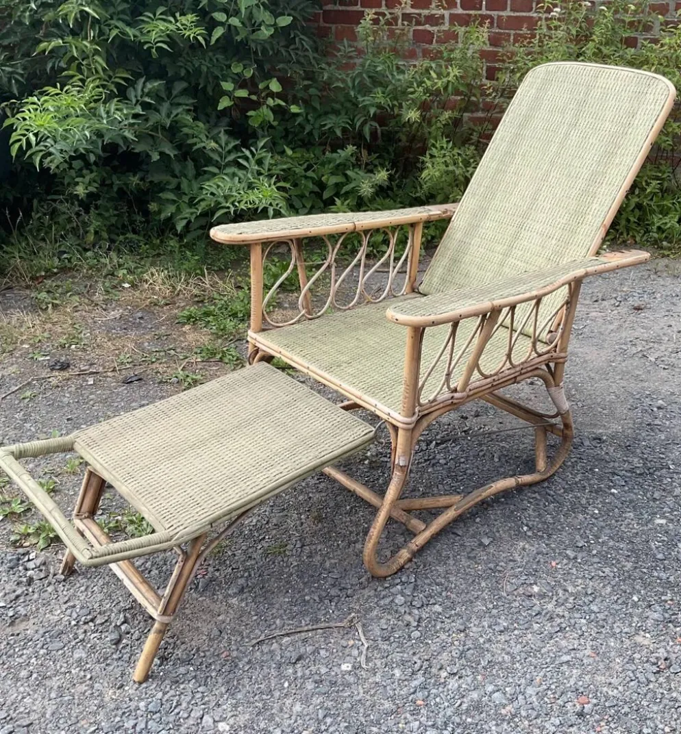 Chaise longue vintage osier rotin