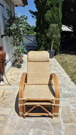 Chaise longue vintage rotin et bambou, circa années 60 Italie