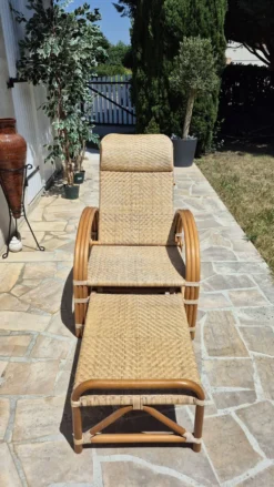 Chaise longue vintage rotin et bambou, circa années 60 Italie