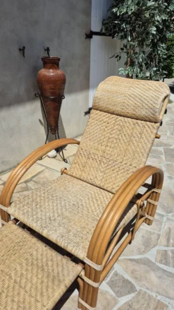 Chaise longue vintage rotin et bambou, circa années 60 Italie