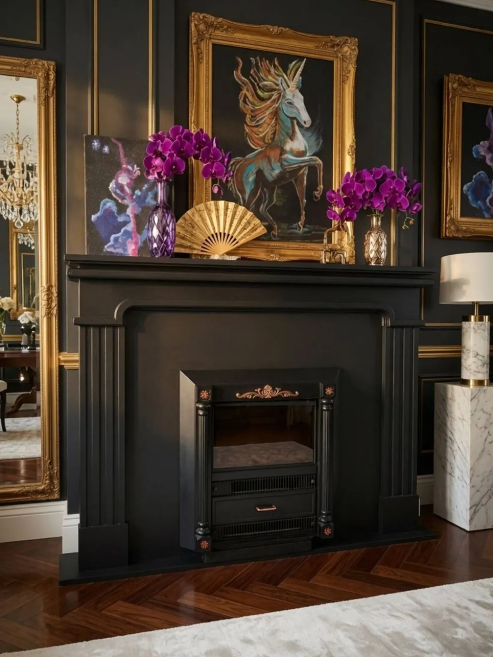 Cheminée électrique de luxe et suite de manteau noir classique