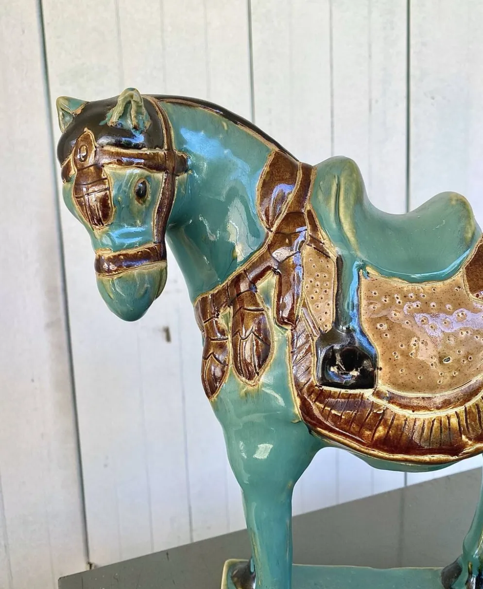 Cheval vintage en Ceramique émaillée turquoise