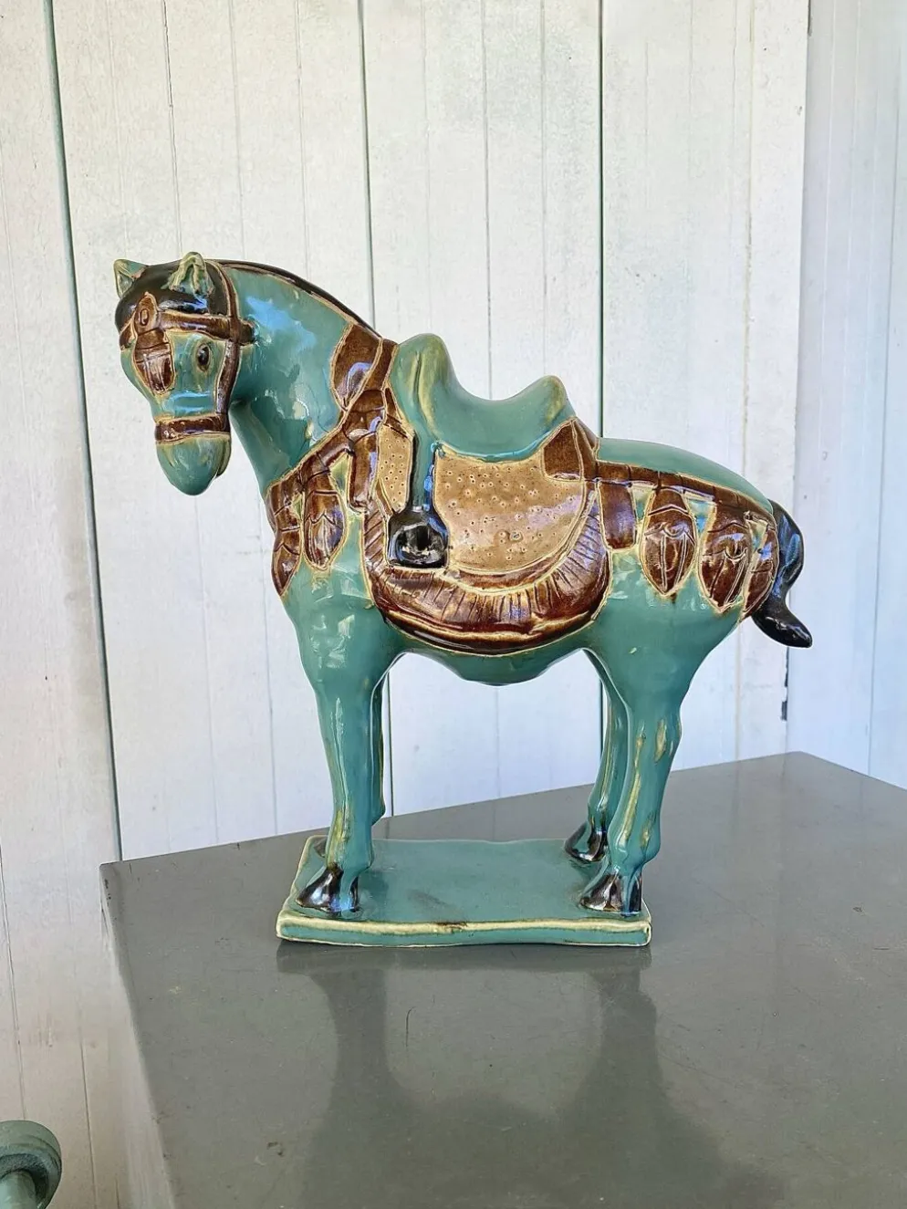 Cheval vintage en Ceramique émaillée turquoise