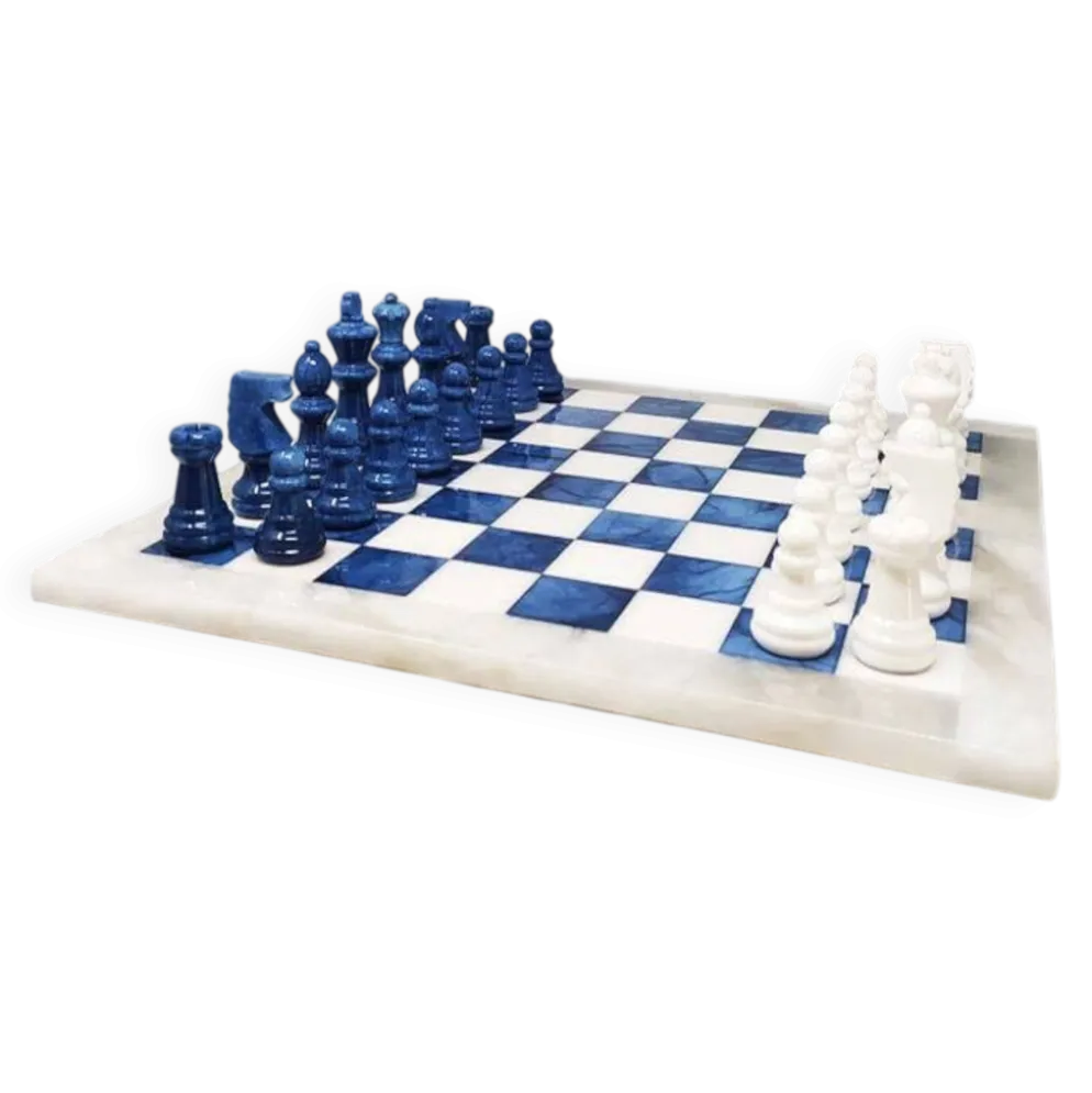 Échiquier en albâtre Volterra italien vintage des années 1970 - bleu cobalt et blanc