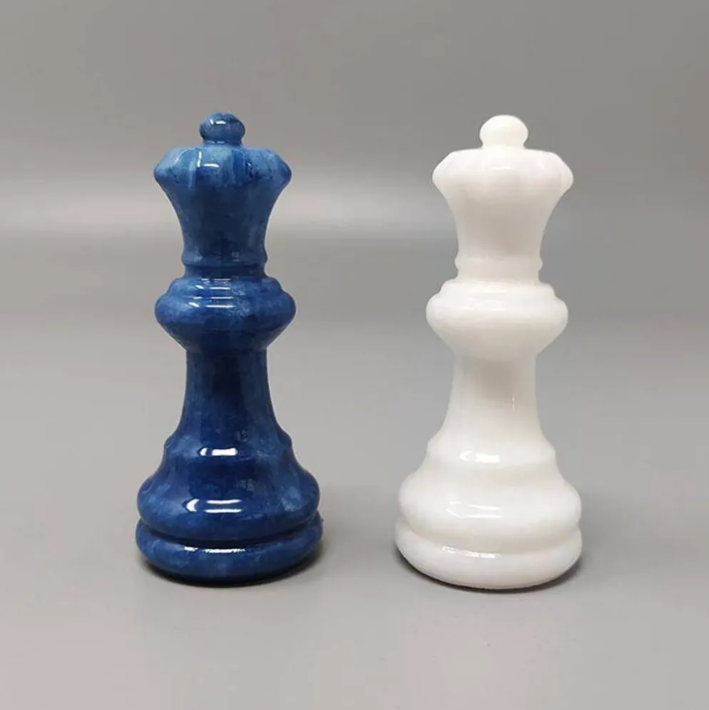 Échiquier en albâtre Volterra italien vintage des années 1970 - bleu cobalt et blanc
