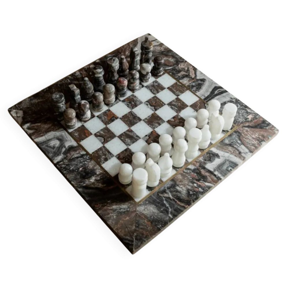 Échiquier en marbre vintage en pierre grise et rose – Pièces sculptées à la main, plateau de 31x31 cm, design italien des années 1960