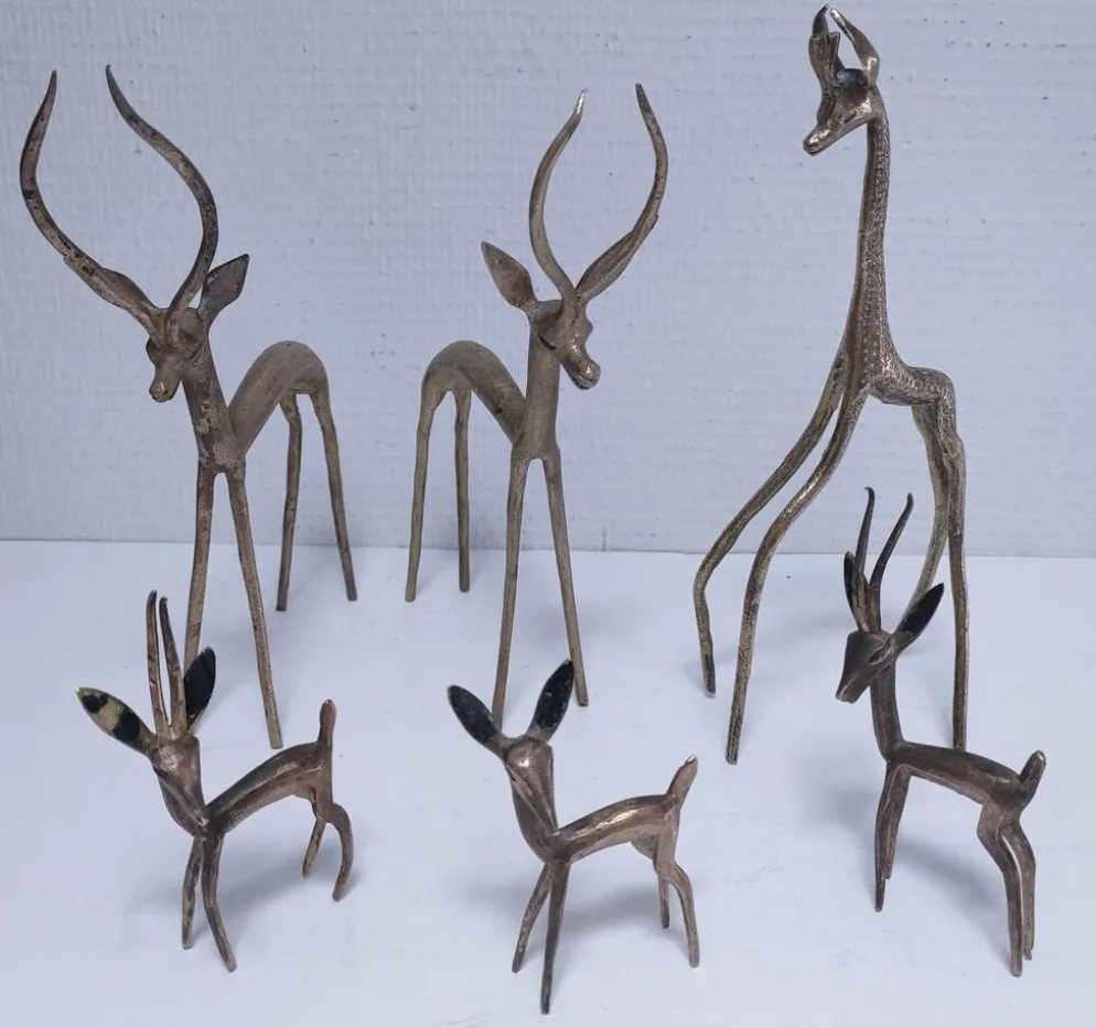 cinq sculptures gazelles antilopes girafe laiton vintage