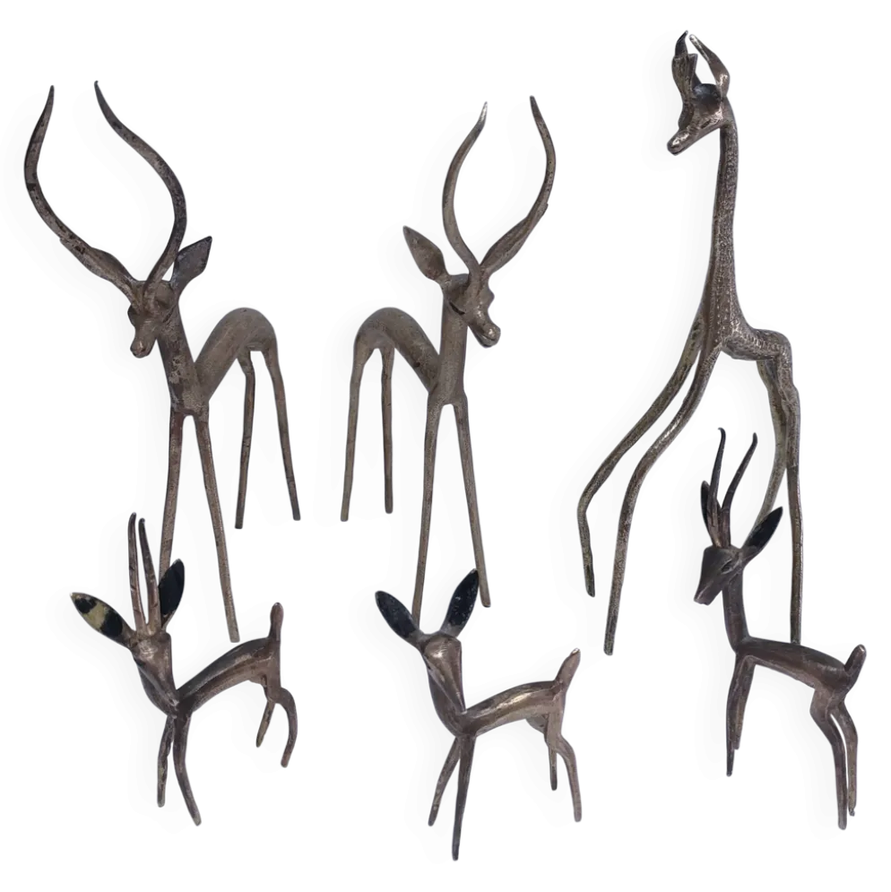 cinq sculptures gazelles antilopes girafe laiton vintage
