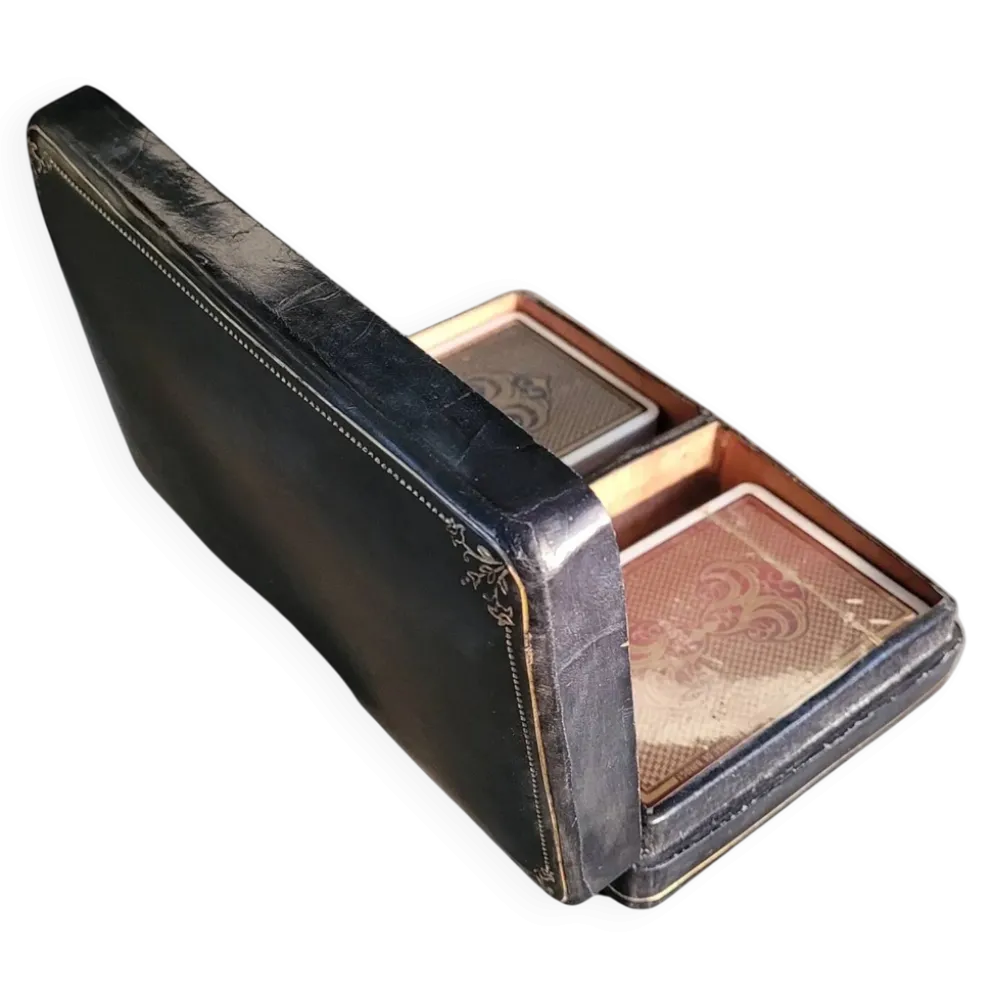 Coffret ancien de jeux de cartes FFB en cuir véritable