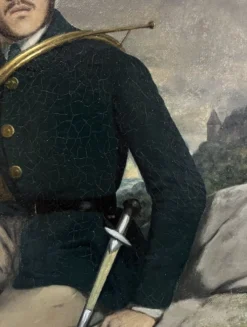 École française début XXe siècle, Portrait d'un chasseur, huile sur toile signée