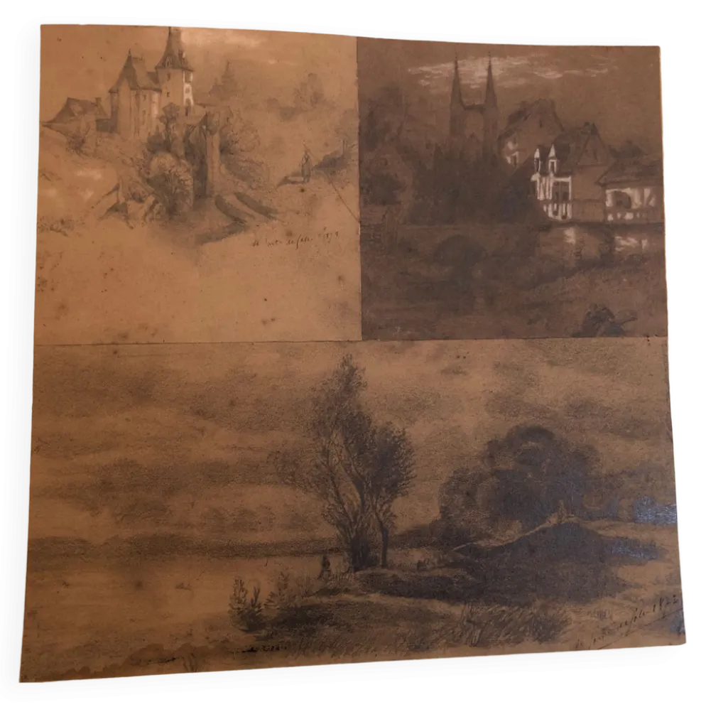 Collage dessins à la mine de plomb et craie blanche 1872