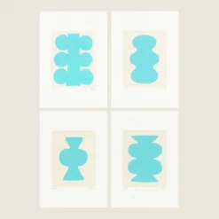 Collection de 4 peintures abstraites bleu ciel signées Eawy