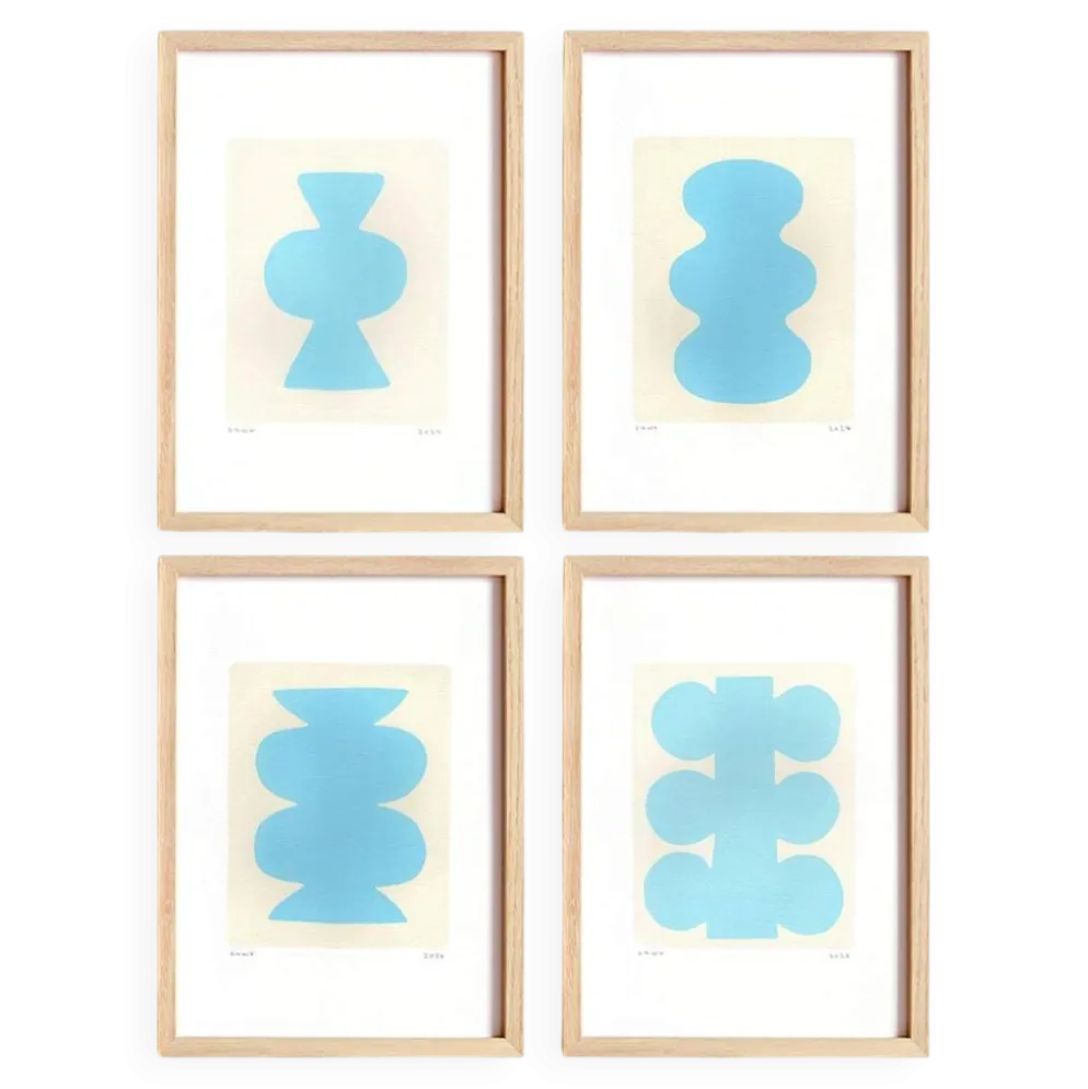 Collection de 4 peintures abstraites bleu ciel signées Eawy