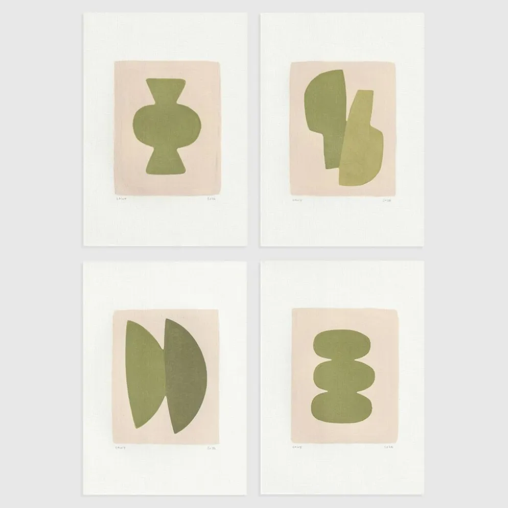 Collection de 4 peintures abstraites col.vert sauge signées Eawy