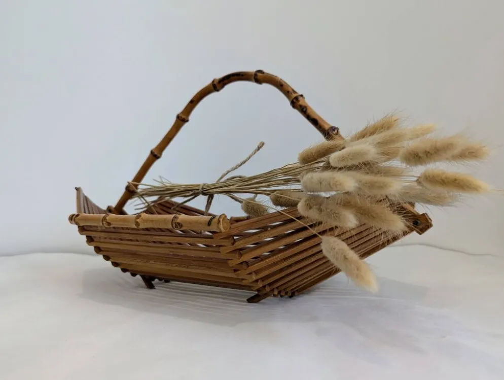 Corbeille à fruits en bois et bambou vintage