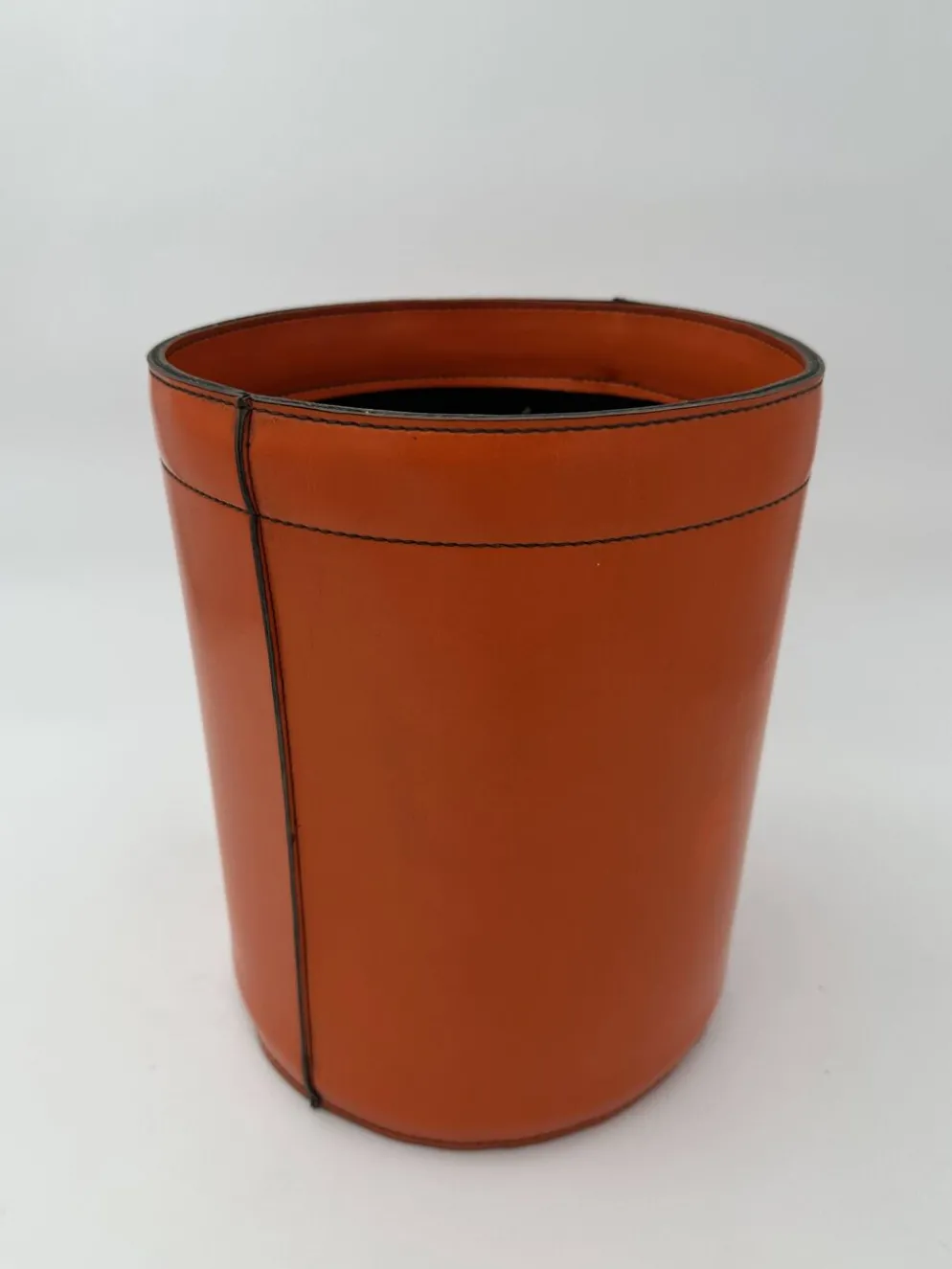 Corbeille à Papier en Cuir Orange Façon Sellier, dans le Goût d'Hermès, Ann