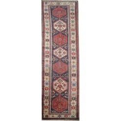 Couloir en laine oriental fait main, tapis de marche long avec médaillon géométrique.