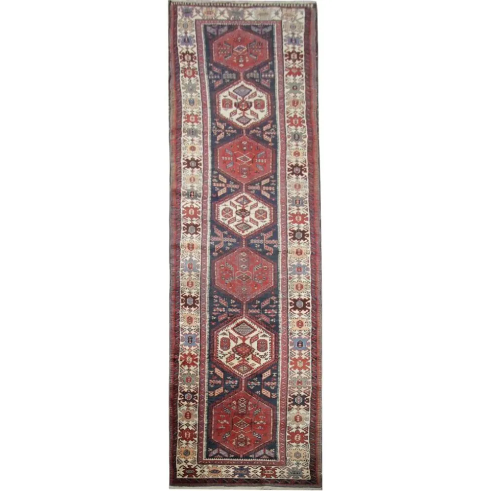 Couloir en laine oriental fait main, tapis de marche long avec médaillon géométrique.