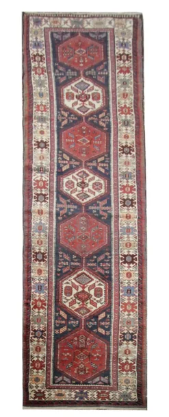 Couloir en laine oriental fait main, tapis de marche long avec médaillon géométrique.