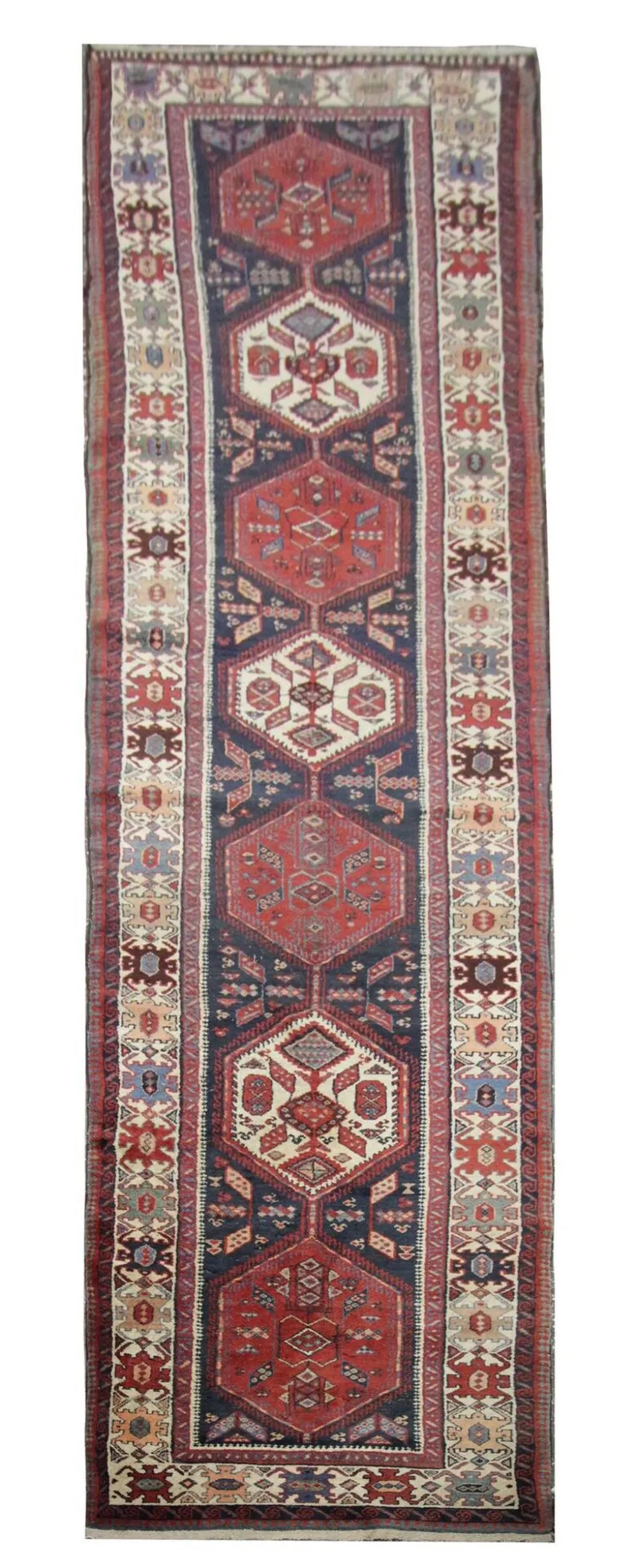 Couloir en laine oriental fait main, tapis de marche long avec médaillon géométrique.
