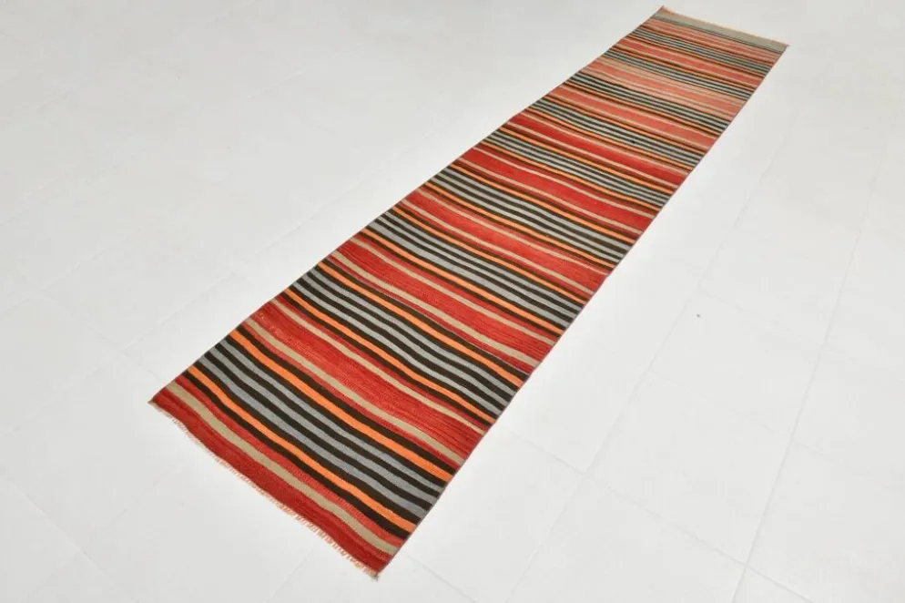 Couloir Vintage Rayé – Tapis Kilim Graphique Tissé Main, 77x360 Cm